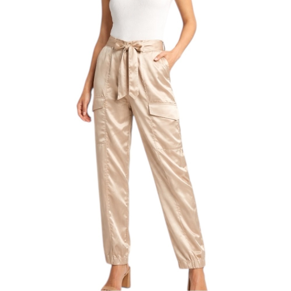 Sanctuary Beige Satin Cargo Pants High Rise Tie Waist Straight Leg Size 30